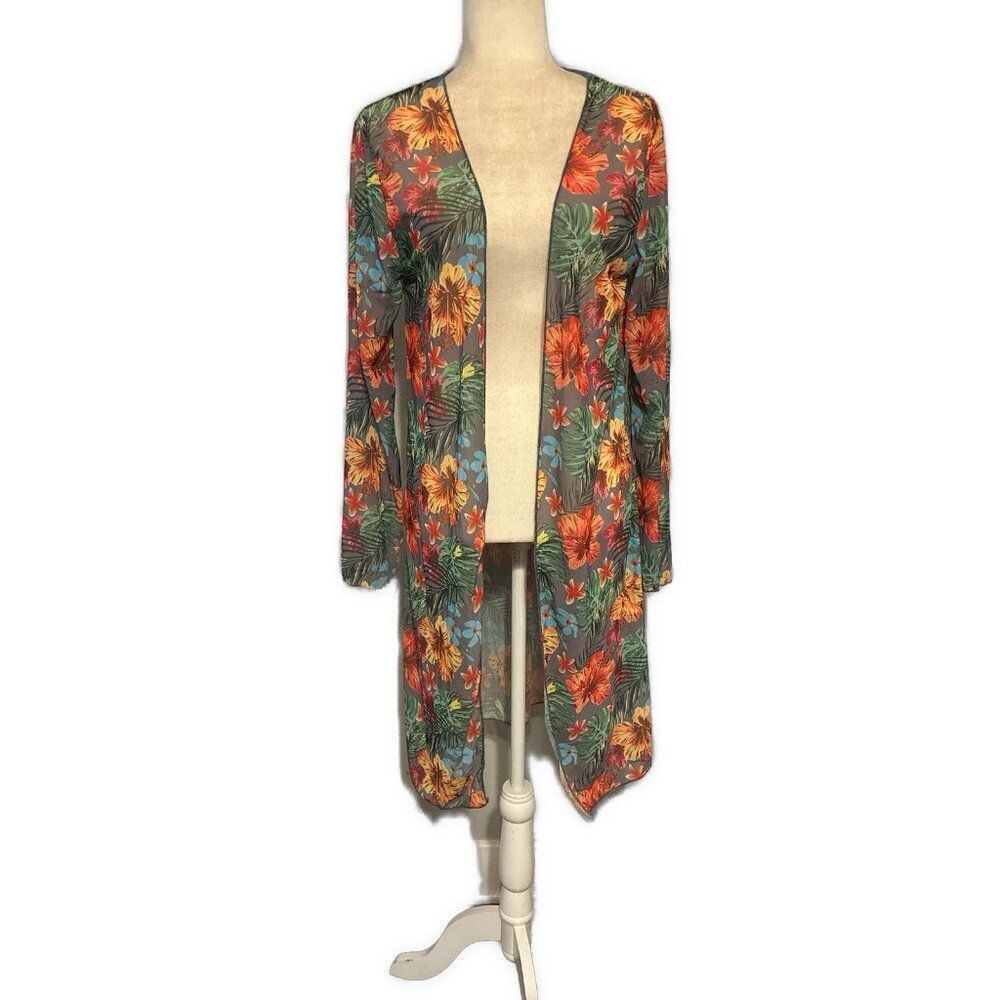 Floral Multicolor Tropical Long Sleeve Sheer Knee Length Swim Cover Up Medium